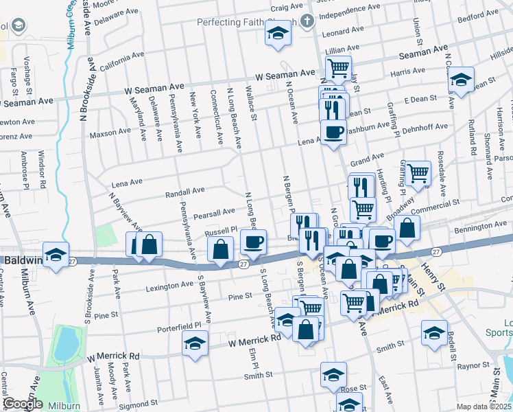 map of restaurants, bars, coffee shops, grocery stores, and more near 145 Randall Avenue in Freeport