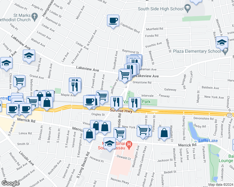 map of restaurants, bars, coffee shops, grocery stores, and more near 24 Jefferson Avenue in Rockville Centre