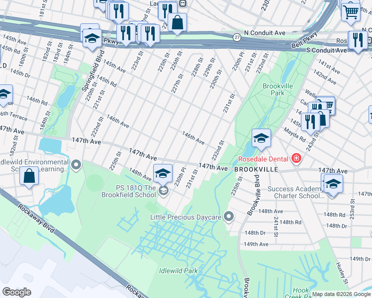 map of restaurants, bars, coffee shops, grocery stores, and more near 146-12 230th Place in Queens