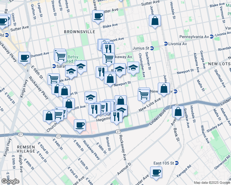 map of restaurants, bars, coffee shops, grocery stores, and more near 841 Rockaway Avenue in Brooklyn