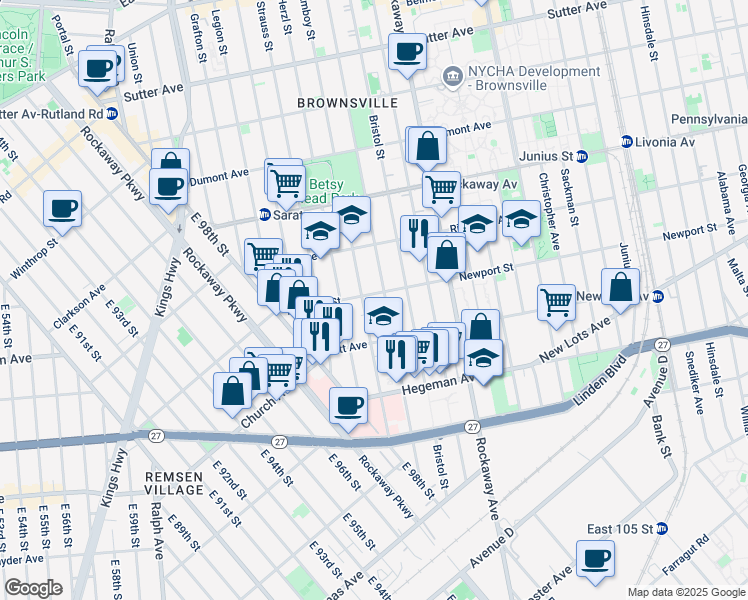 map of restaurants, bars, coffee shops, grocery stores, and more near 874 Thomas S Boyland Street in Brooklyn