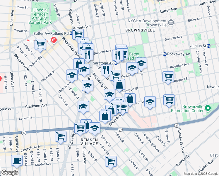 map of restaurants, bars, coffee shops, grocery stores, and more near 369 Rockaway Parkway in Brooklyn