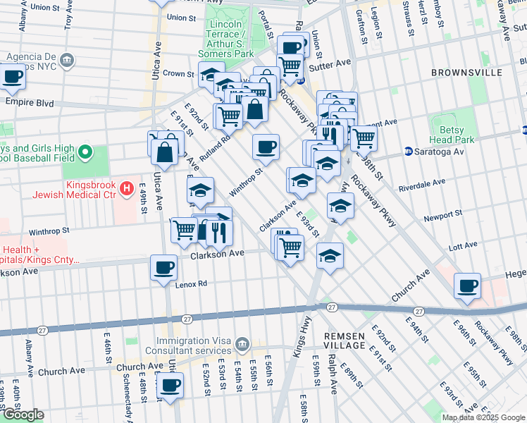 map of restaurants, bars, coffee shops, grocery stores, and more near 260 East 92nd Street in Brooklyn