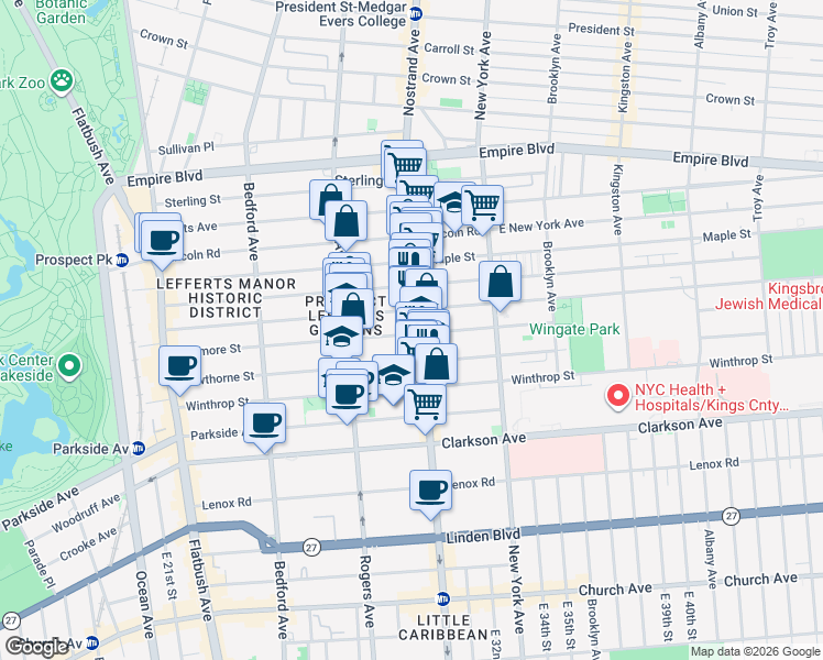 map of restaurants, bars, coffee shops, grocery stores, and more near 276 Rutland Road in Brooklyn