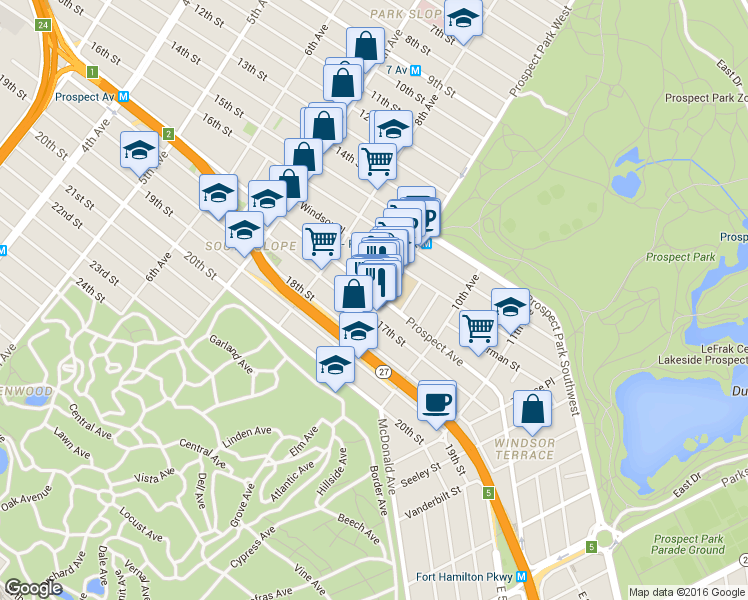 map of restaurants, bars, coffee shops, grocery stores, and more near 256 Prospect Park West in Brooklyn