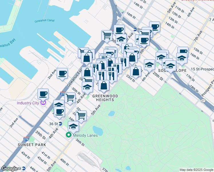 map of restaurants, bars, coffee shops, grocery stores, and more near 756 5th Avenue in Brooklyn
