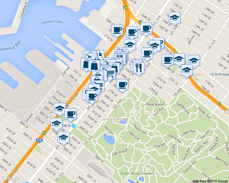 map of restaurants, bars, coffee shops, grocery stores, and more near 219 27th Street in Brooklyn