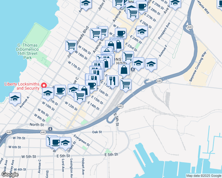 map of restaurants, bars, coffee shops, grocery stores, and more near 153 Avenue E in Bayonne