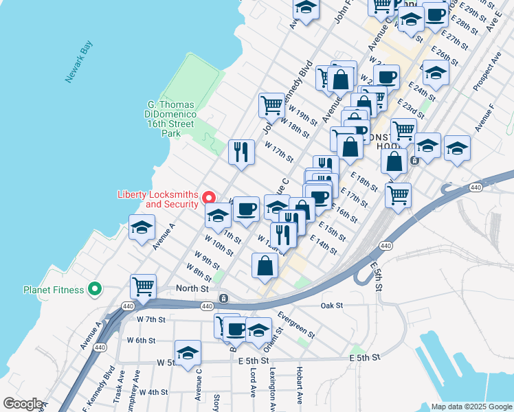 map of restaurants, bars, coffee shops, grocery stores, and more near 74 West 14th Street in Bayonne