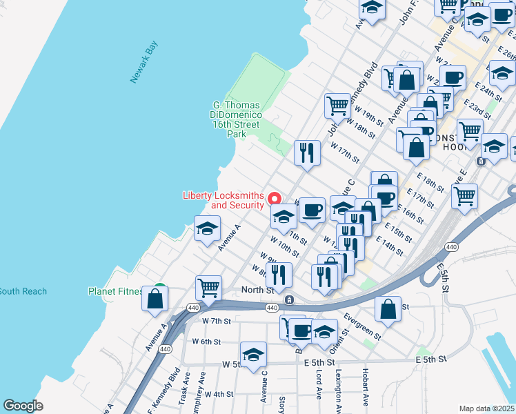map of restaurants, bars, coffee shops, grocery stores, and more near 122 West 12th Street in Bayonne
