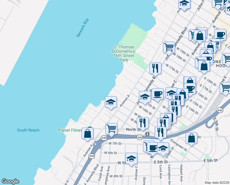 map of restaurants, bars, coffee shops, grocery stores, and more near 169 West 10th Street in Bayonne