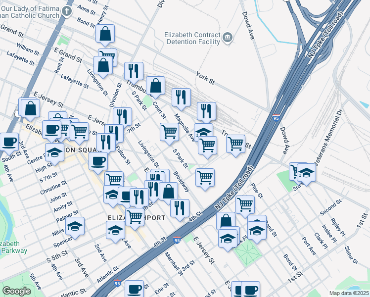 map of restaurants, bars, coffee shops, grocery stores, and more near 547 Court Street in Elizabeth