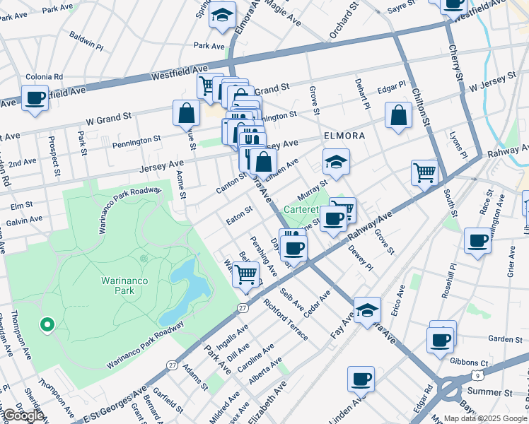 map of restaurants, bars, coffee shops, grocery stores, and more near 66 Elmora Avenue in Elizabeth