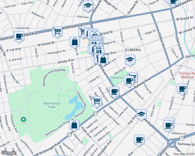 map of restaurants, bars, coffee shops, grocery stores, and more near 731 Eaton Street in Elizabeth