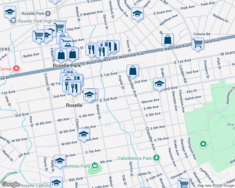 map of restaurants, bars, coffee shops, grocery stores, and more near 257 East 3rd Avenue in Roselle