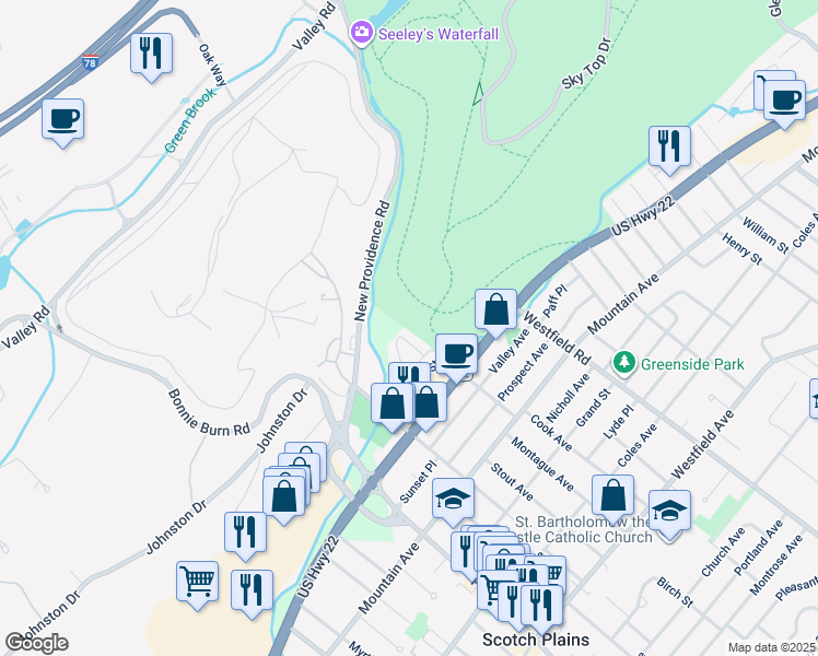 map of restaurants, bars, coffee shops, grocery stores, and more near 607 Donato Circle in Scotch Plains