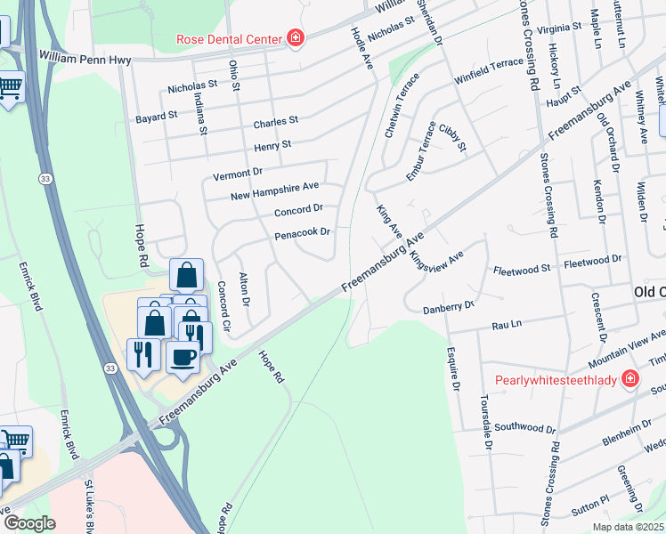 map of restaurants, bars, coffee shops, grocery stores, and more near 2842 Hodle Avenue in Easton