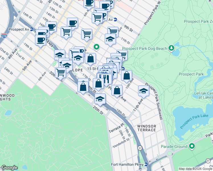 map of restaurants, bars, coffee shops, grocery stores, and more near Prospect Ave & Prospect Park West in Brooklyn