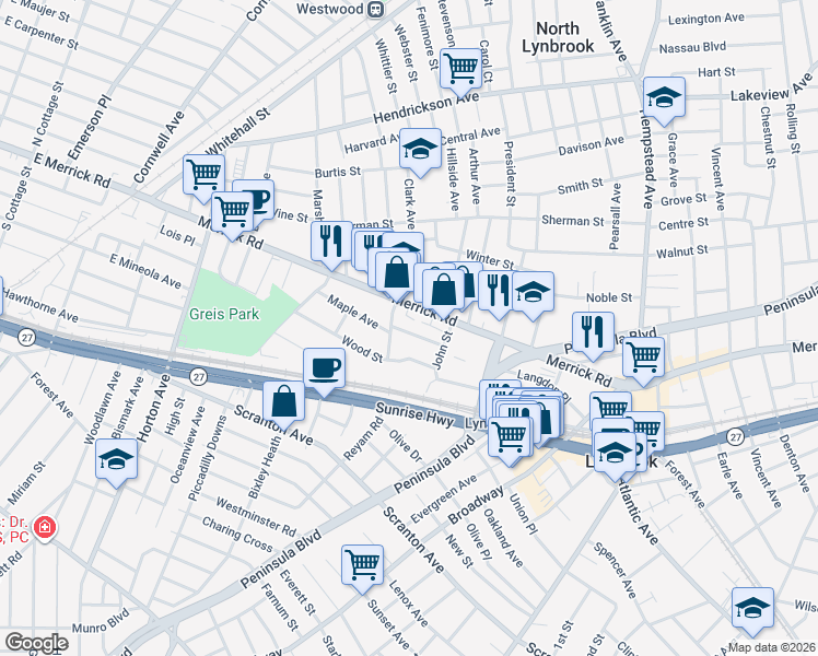 map of restaurants, bars, coffee shops, grocery stores, and more near 25 Leach Street in Lynbrook