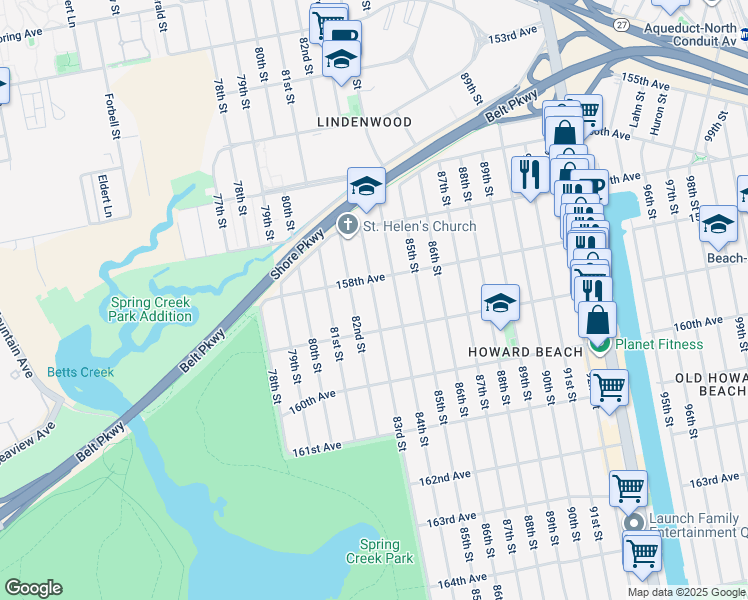 map of restaurants, bars, coffee shops, grocery stores, and more near 158-23 83rd Street in Queens