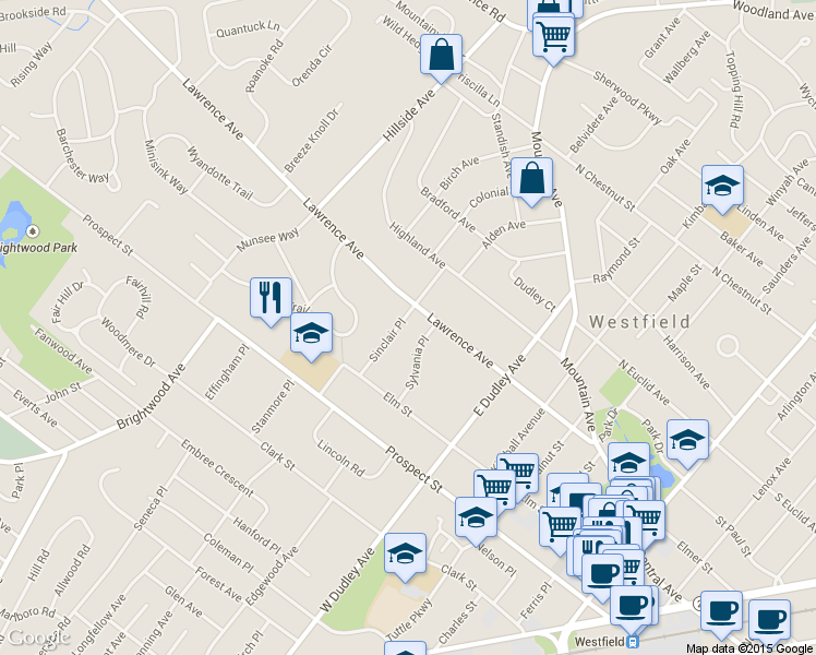 map of restaurants, bars, coffee shops, grocery stores, and more near 258 Sinclair Place in Westfield
