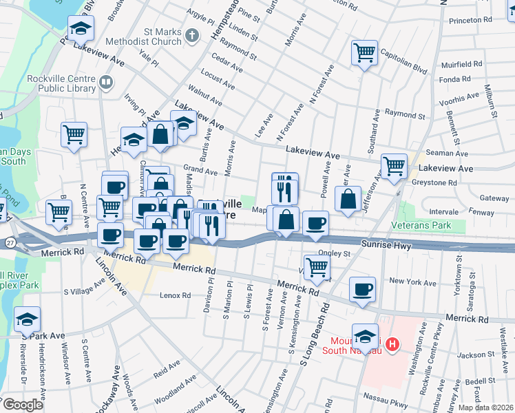 map of restaurants, bars, coffee shops, grocery stores, and more near 1 Lee Avenue in Rockville Centre