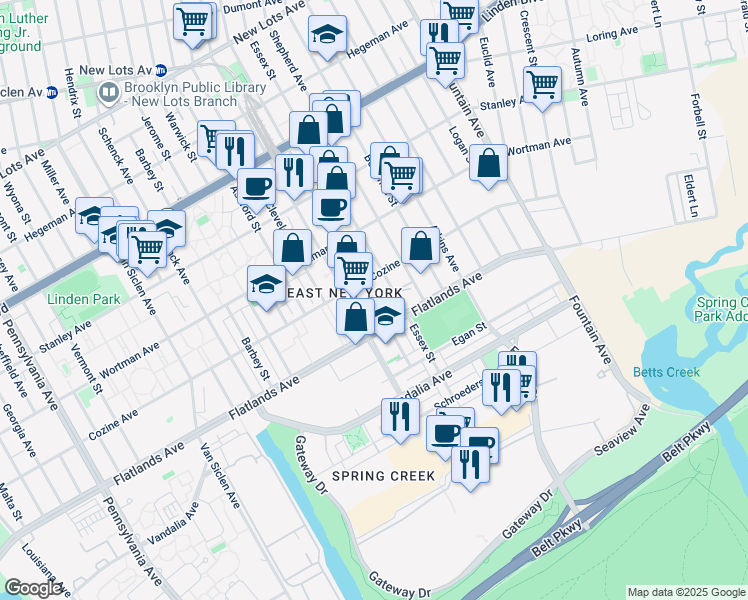 map of restaurants, bars, coffee shops, grocery stores, and more near 1101 Linwood Street in Brooklyn