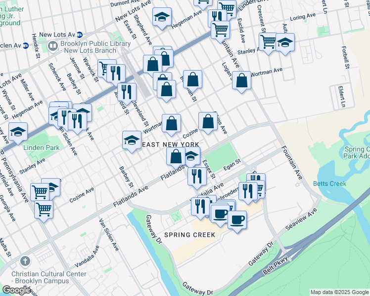 map of restaurants, bars, coffee shops, grocery stores, and more near 1101 Linwood Street in Brooklyn
