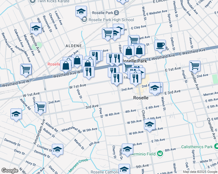 map of restaurants, bars, coffee shops, grocery stores, and more near 221-225 1st Avenue in Roselle
