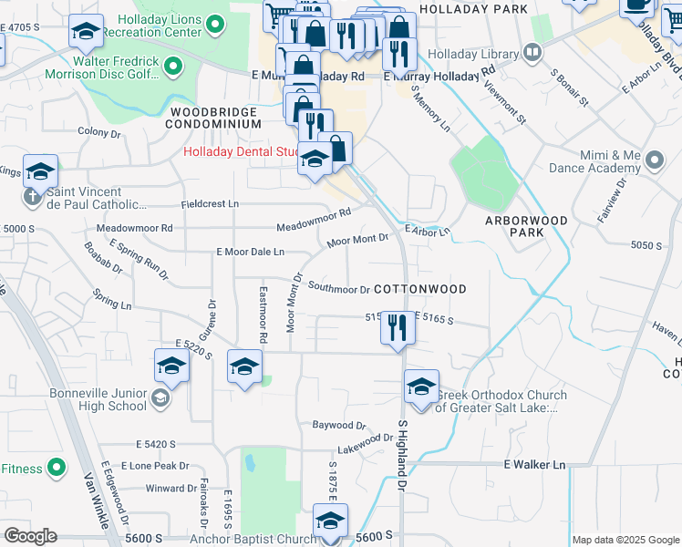 map of restaurants, bars, coffee shops, grocery stores, and more near 5088 Woodmont Drive in Holladay