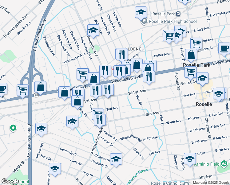 map of restaurants, bars, coffee shops, grocery stores, and more near 450 West 1st Avenue in Roselle