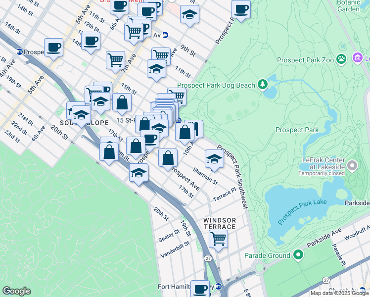 map of restaurants, bars, coffee shops, grocery stores, and more near 1616 10th Avenue in Brooklyn