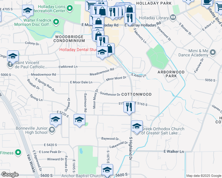 map of restaurants, bars, coffee shops, grocery stores, and more near 5088 Woodmont Drive in Holladay