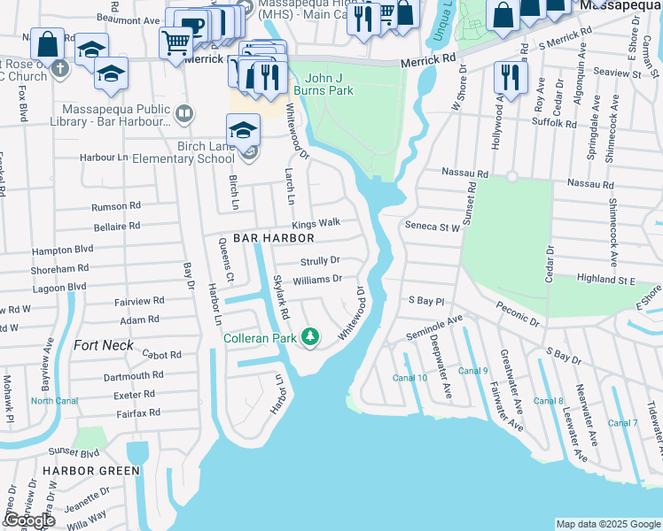 map of restaurants, bars, coffee shops, grocery stores, and more near 30 Strully Drive in Massapequa Park