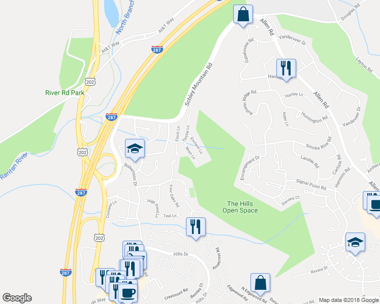 map of restaurants, bars, coffee shops, grocery stores, and more near 345 Wren Lane in Bedminster Township