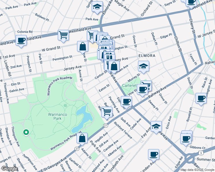 map of restaurants, bars, coffee shops, grocery stores, and more near 731 Eaton Street in Elizabeth