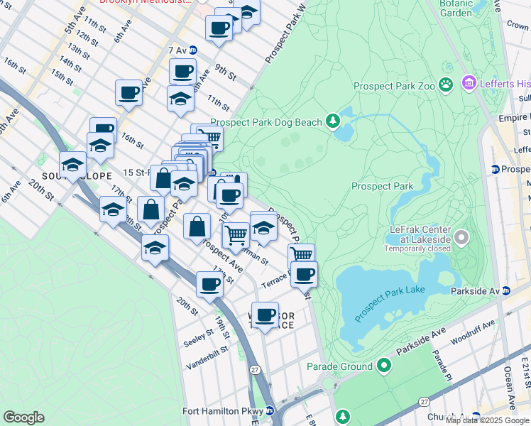 map of restaurants, bars, coffee shops, grocery stores, and more near 70 Prospect Park Southwest in Brooklyn