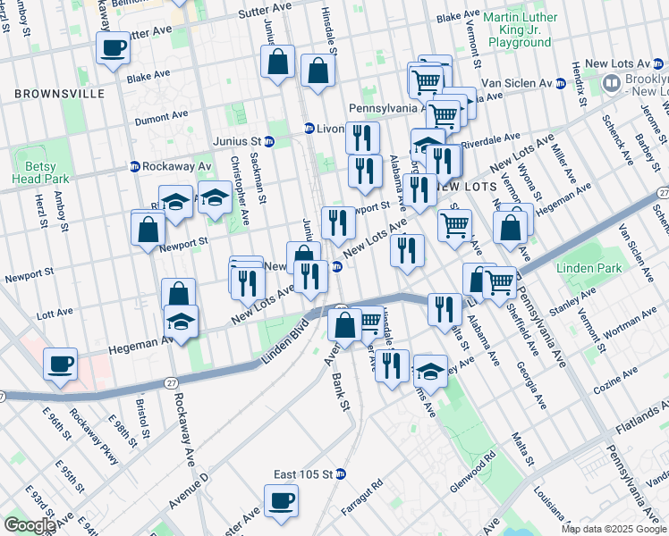 map of restaurants, bars, coffee shops, grocery stores, and more near 170 New Lots Avenue in Brooklyn