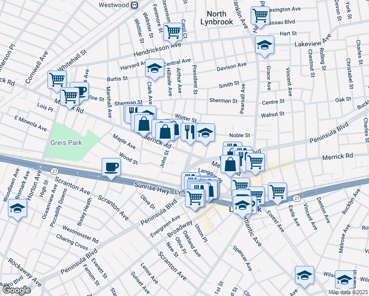 map of restaurants, bars, coffee shops, grocery stores, and more near 441 Merrick Road in Lynbrook