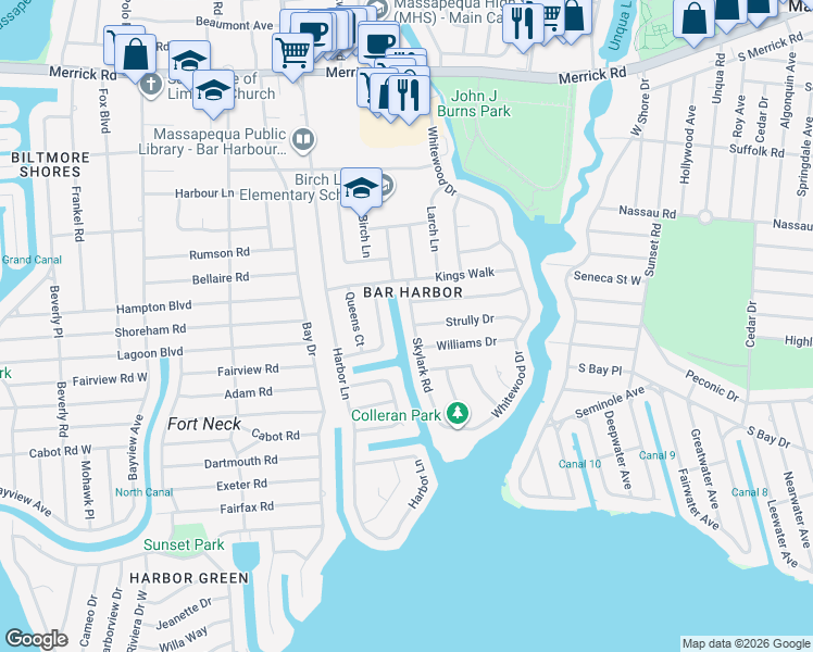 map of restaurants, bars, coffee shops, grocery stores, and more near 14 Skylark Road in Massapequa Park