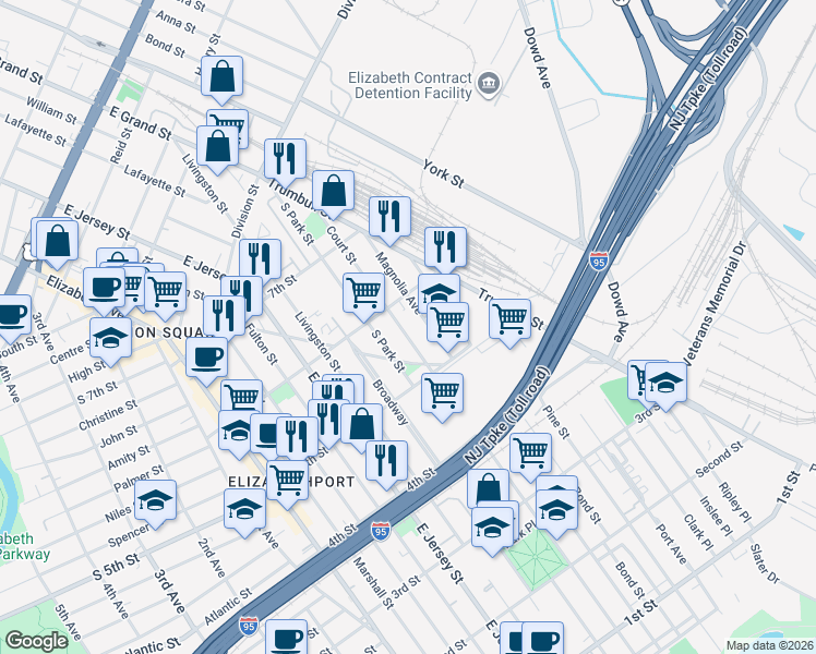 map of restaurants, bars, coffee shops, grocery stores, and more near 547 Court Street in Elizabeth