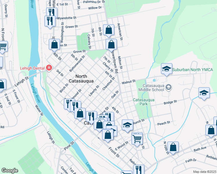 map of restaurants, bars, coffee shops, grocery stores, and more near 721 5th Street in Catasauqua