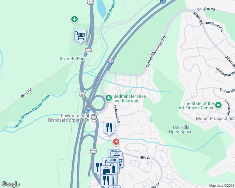 map of restaurants, bars, coffee shops, grocery stores, and more near Birchwood Road in Bedminster Township