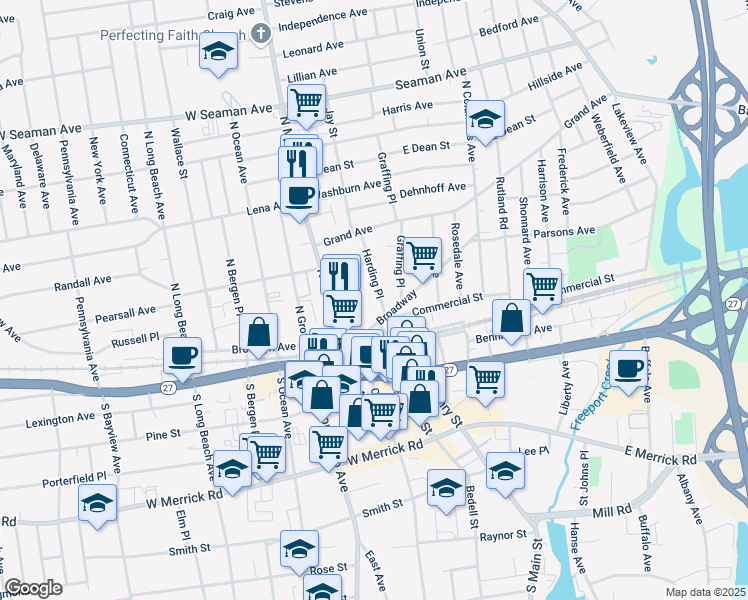 map of restaurants, bars, coffee shops, grocery stores, and more near 15 Harding Place in Freeport