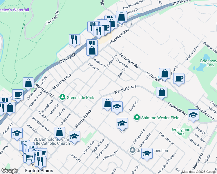 map of restaurants, bars, coffee shops, grocery stores, and more near 2334 Belvedere Drive in Scotch Plains