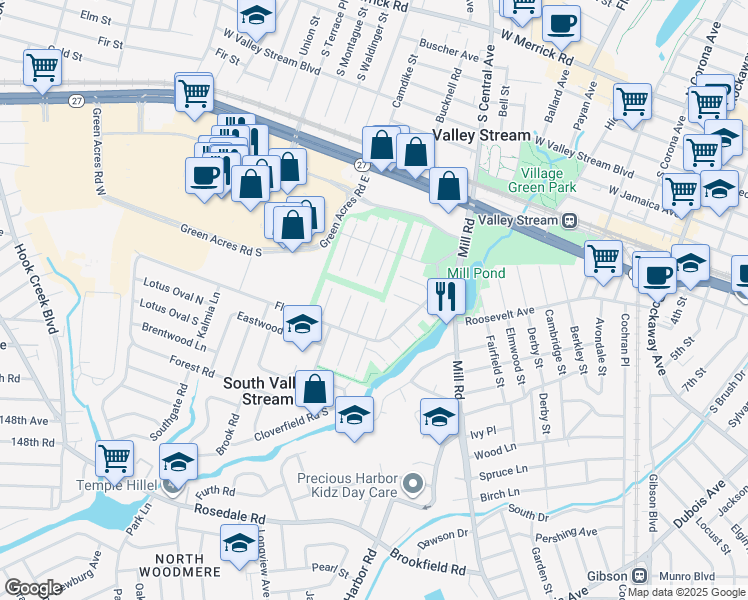 map of restaurants, bars, coffee shops, grocery stores, and more near 1 Firethorne Lane in Valley Stream
