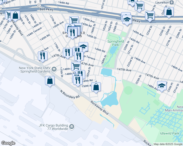 map of restaurants, bars, coffee shops, grocery stores, and more near 147-29 182nd Street in Queens