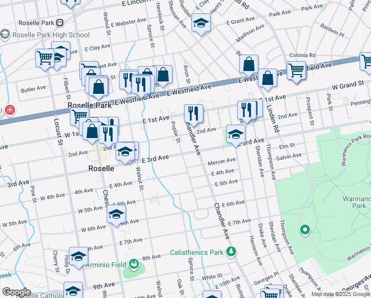 map of restaurants, bars, coffee shops, grocery stores, and more near 225 Poplar Street in Roselle