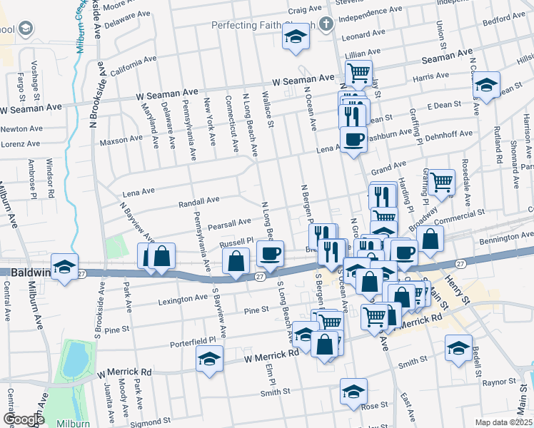 map of restaurants, bars, coffee shops, grocery stores, and more near 145 Randall Avenue in Freeport