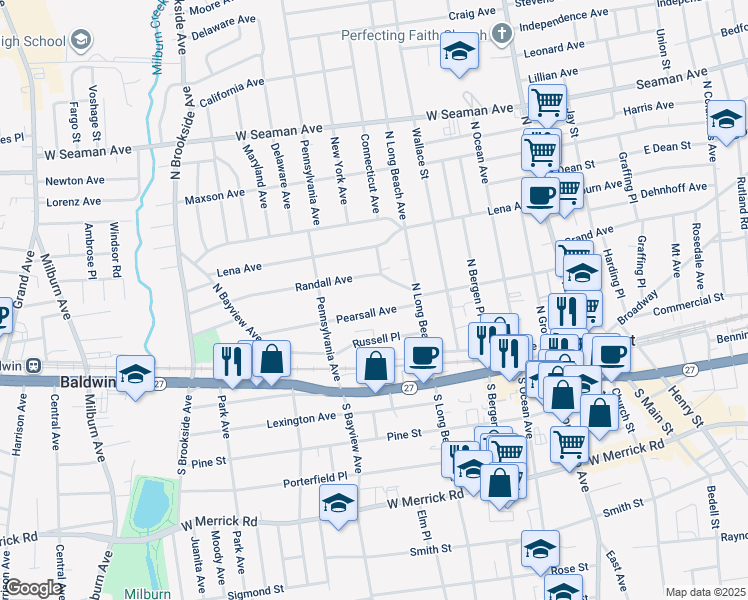 map of restaurants, bars, coffee shops, grocery stores, and more near 34 Pearsall Avenue in Freeport
